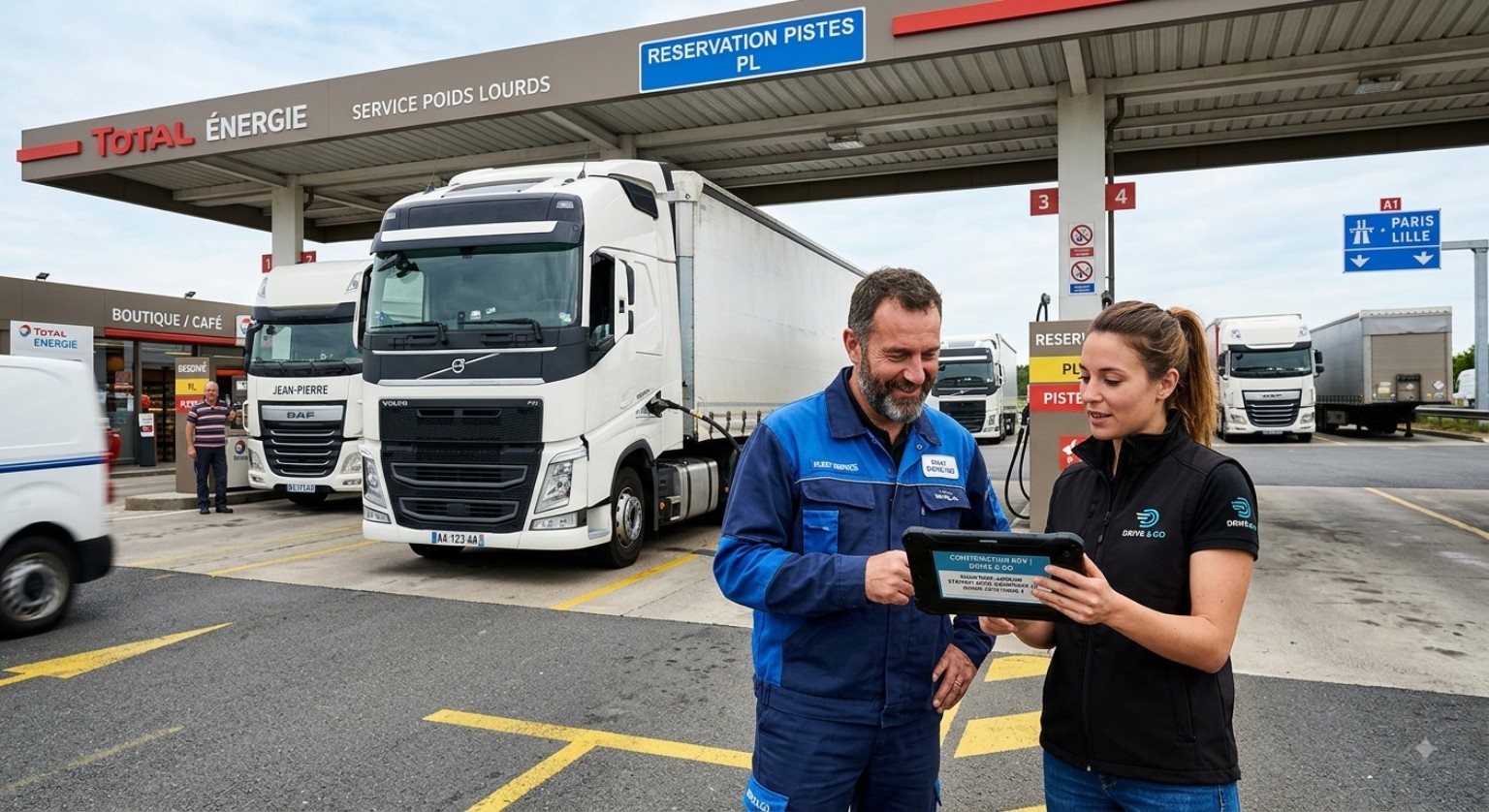 Station de service poids lourds avec un chauffeur à proximité de son camion